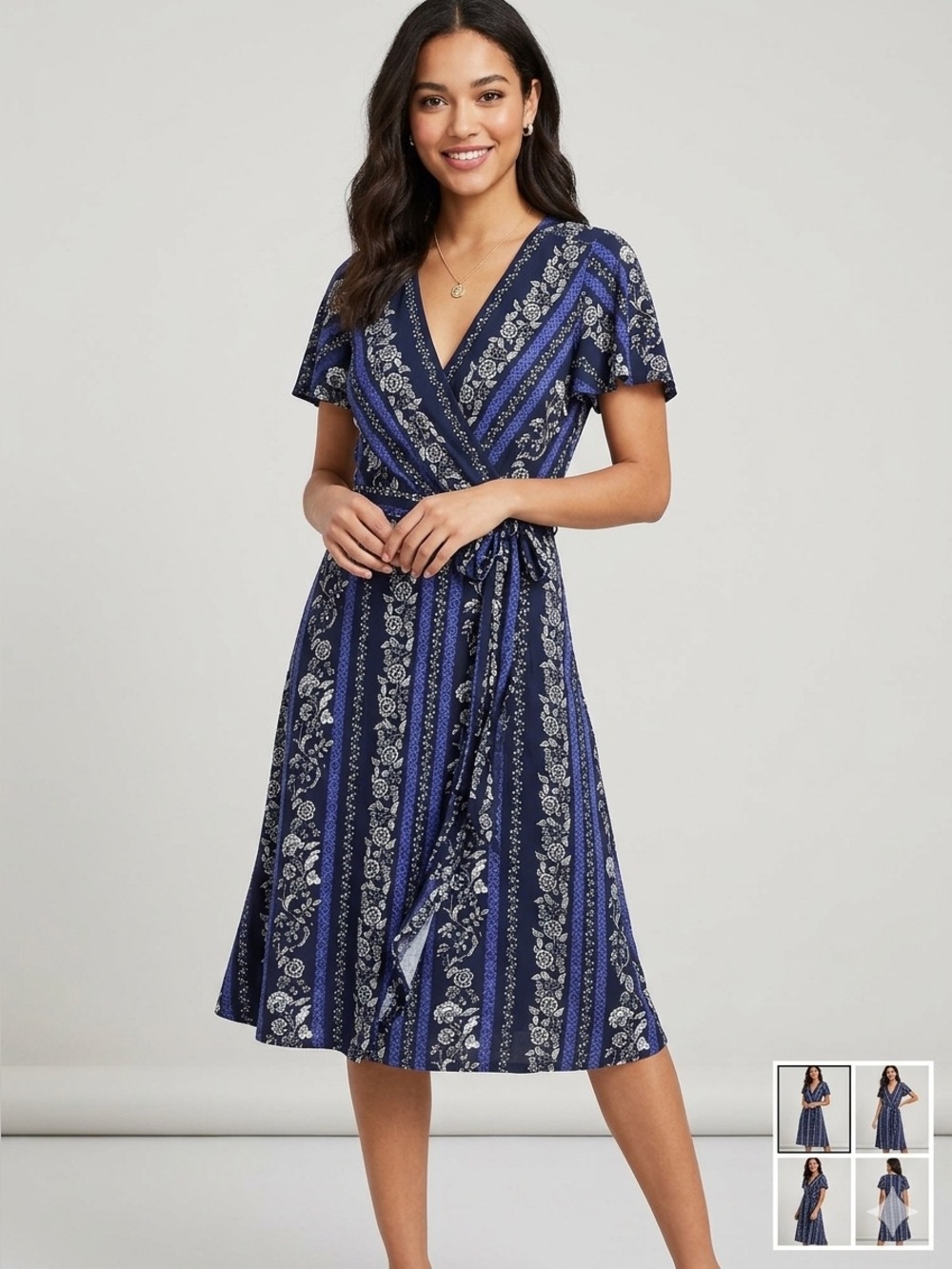 LOFT Navy and White Striped Floral Wrap Midi Dress